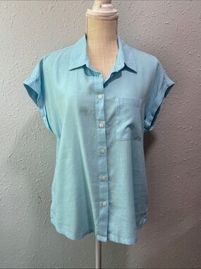 Orvis Women's‎ Button-Up Short Sleeves Linen Blend Shirt Blue Size Medium